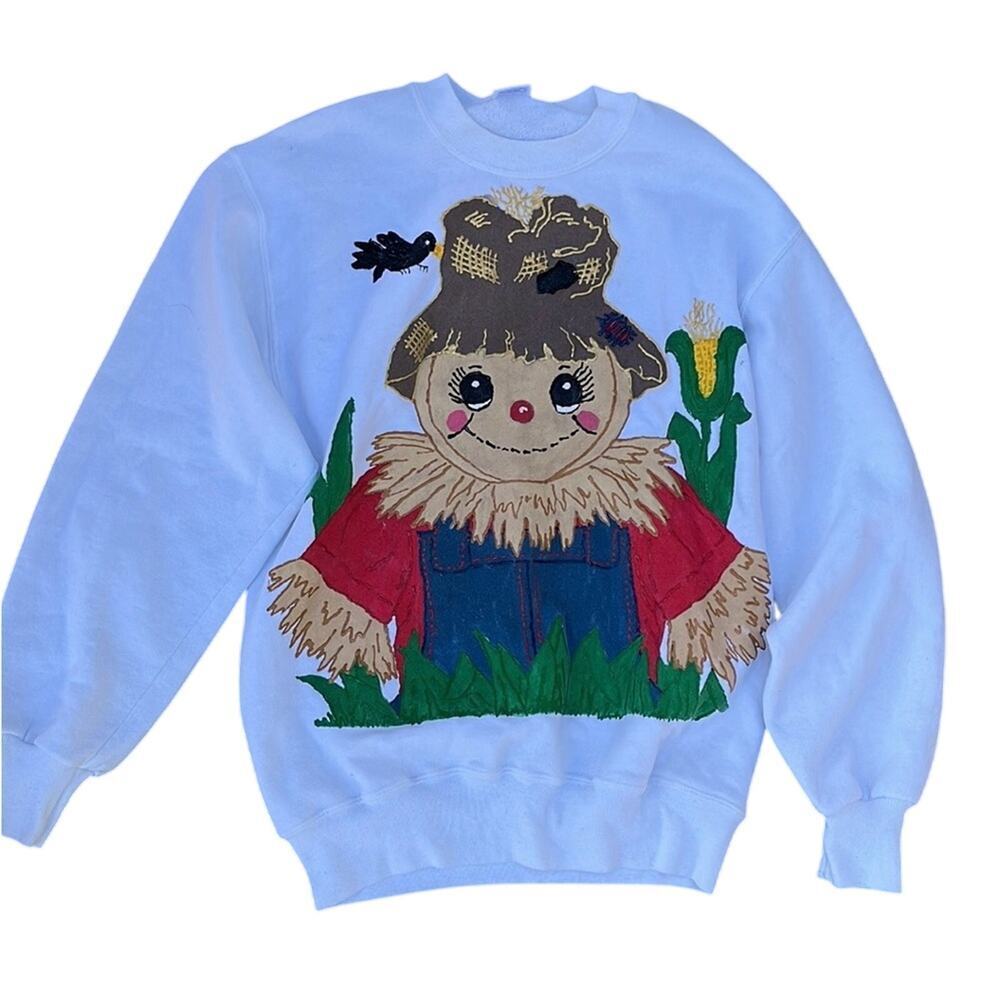 Vintage Puffy Paint Scarecrow Fall White Made in USA Sweatshirt Crewneck- size M
